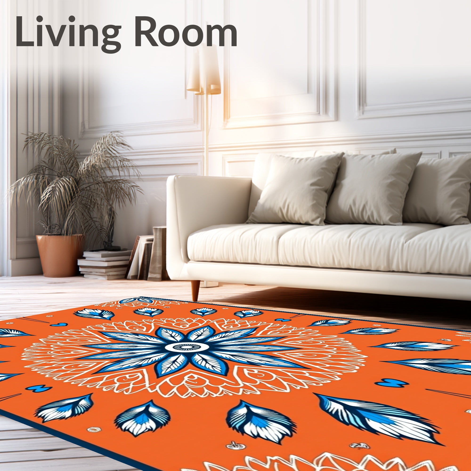 Vibrant Orange Blue Feather Mandala Rug