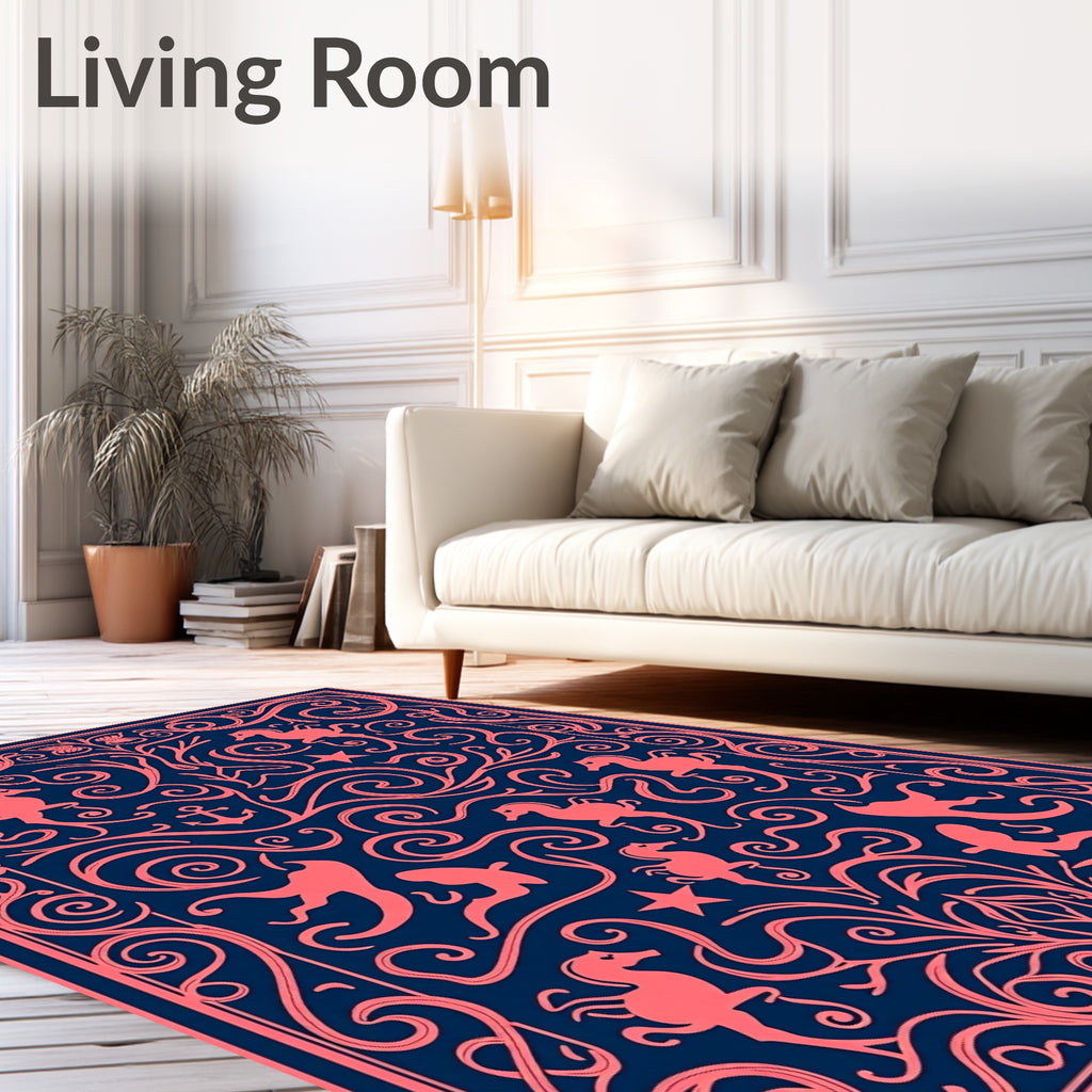 Coral Seahorse Swirl Navy Blue Rug