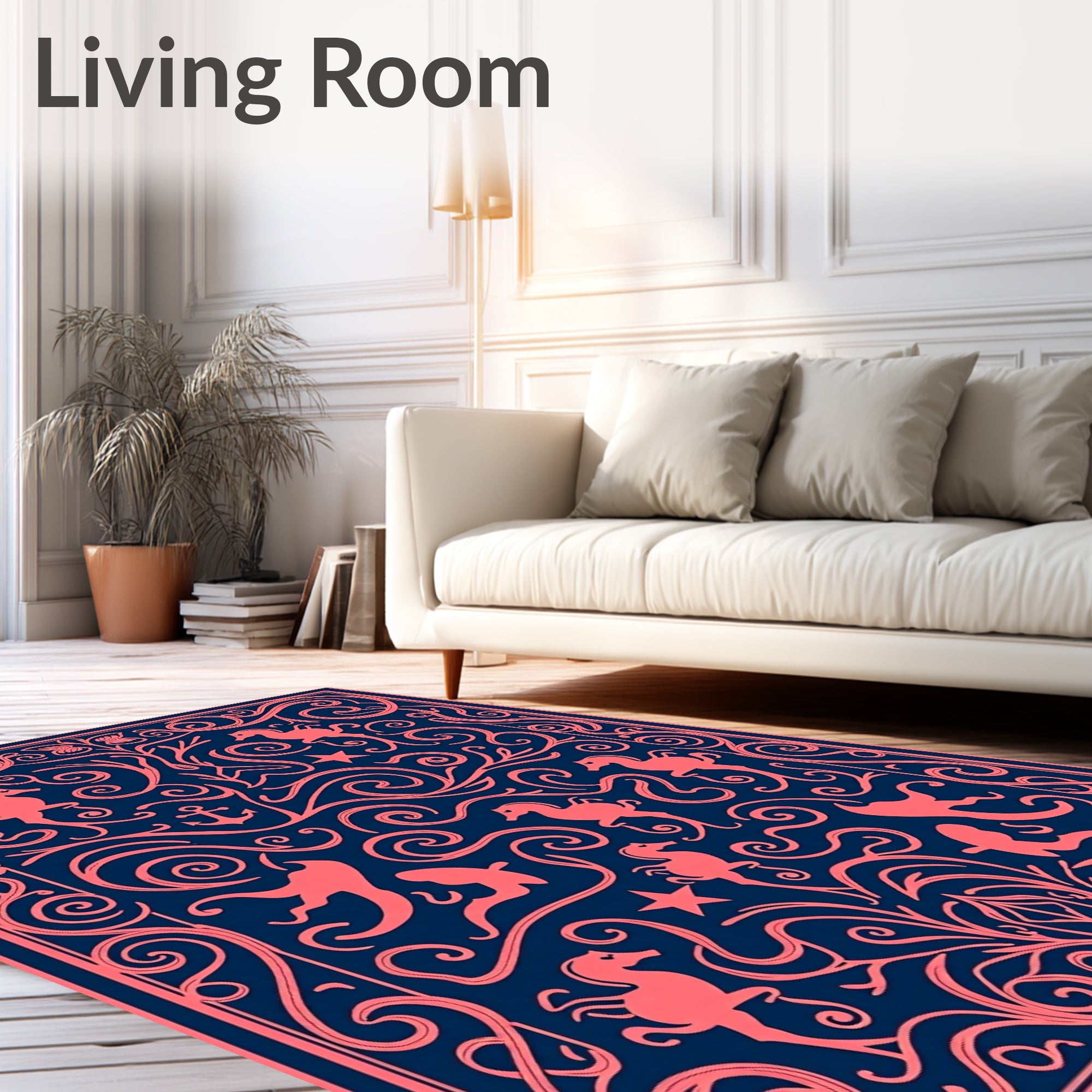 Coral Seahorse Swirl Navy Blue Rug