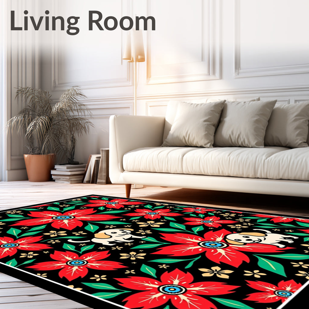 Red Floral Puppy Garden Whimsy Rug