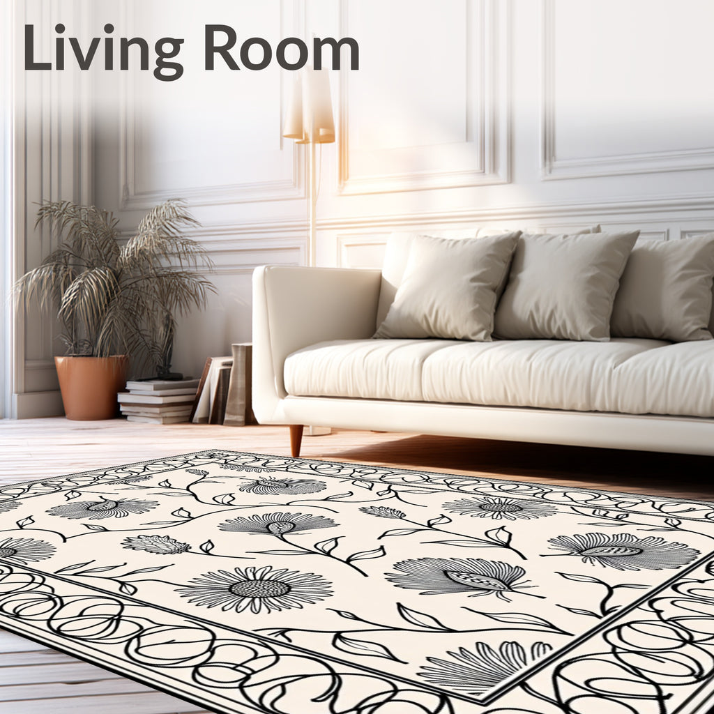 Monochrome Floral Vines Bordered Rug