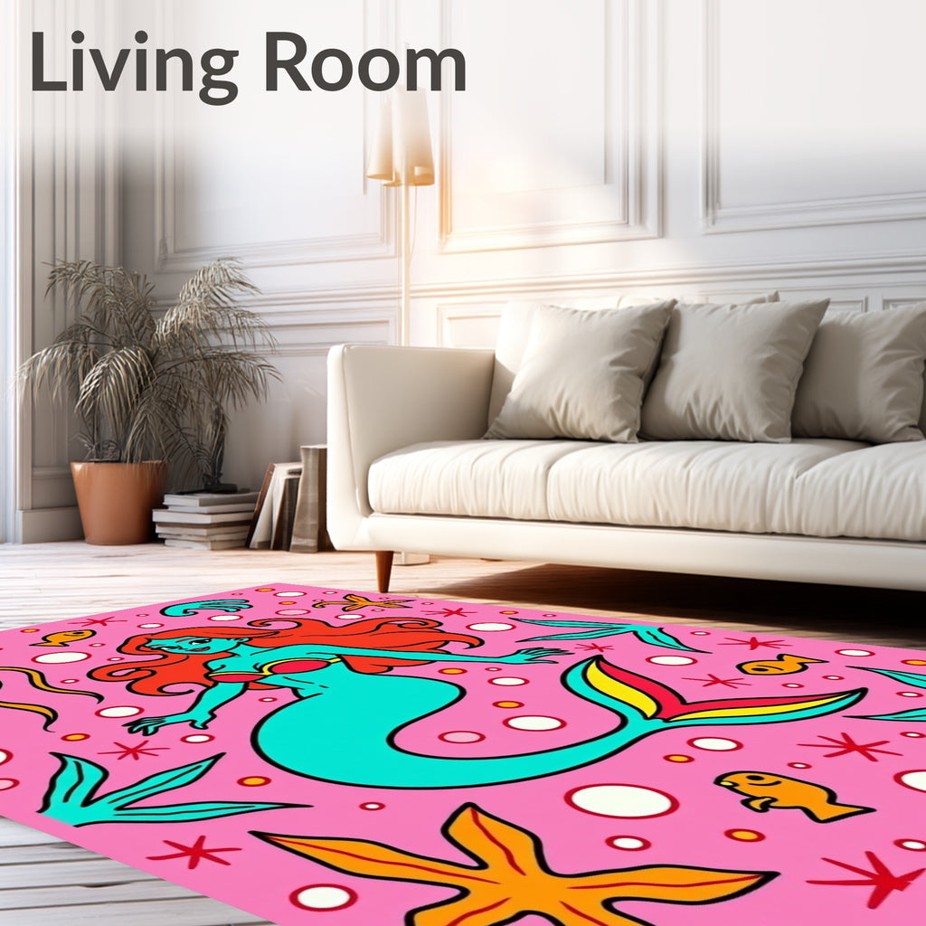 Whimsical Turquoise Mermaid Coral Scene Rug