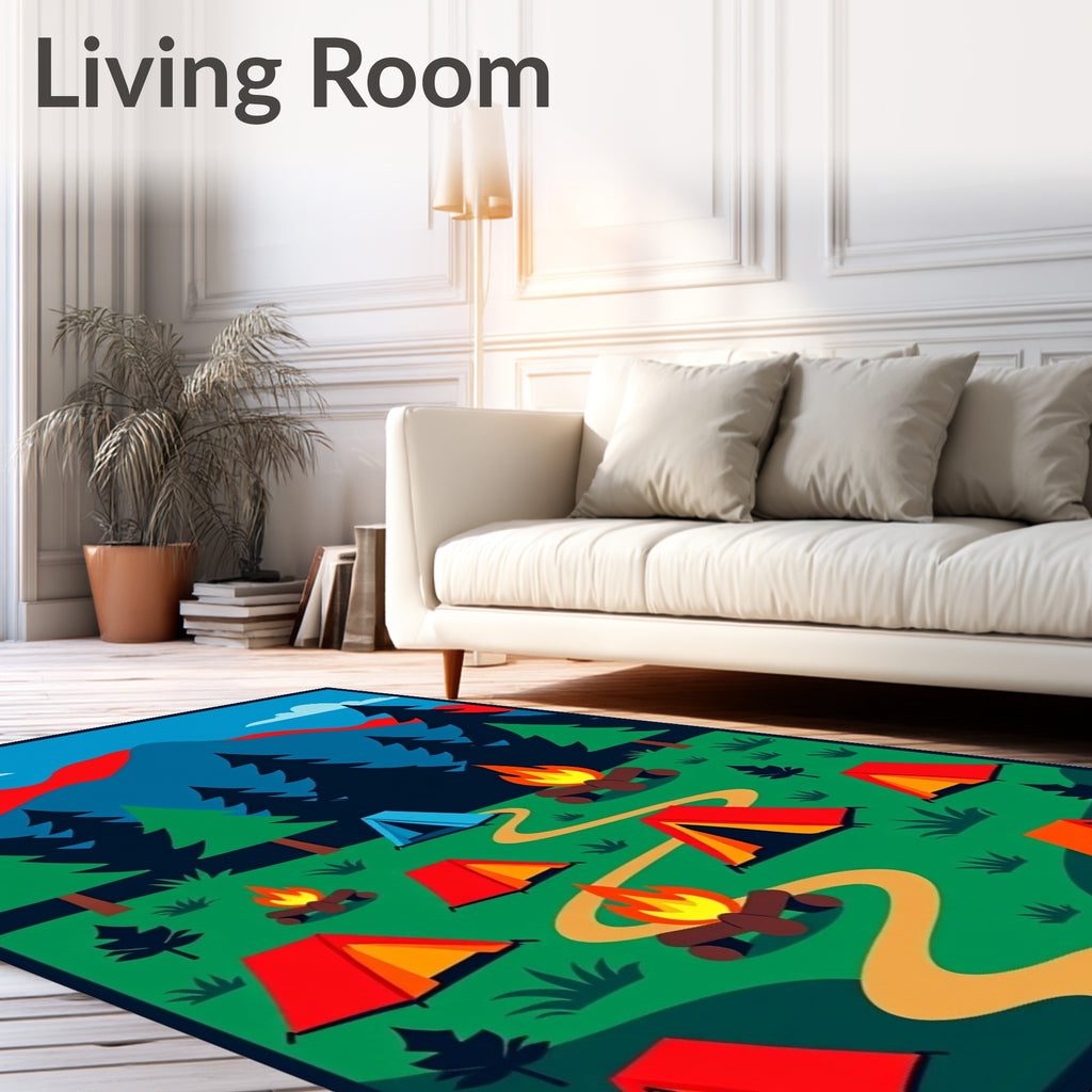 Vibrant Camping Scene Forest Mountains Rug