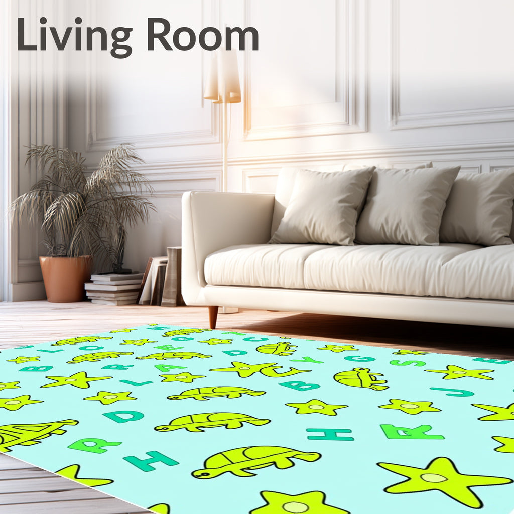 Lime Green Turtle Star Alphabet Collage Rug