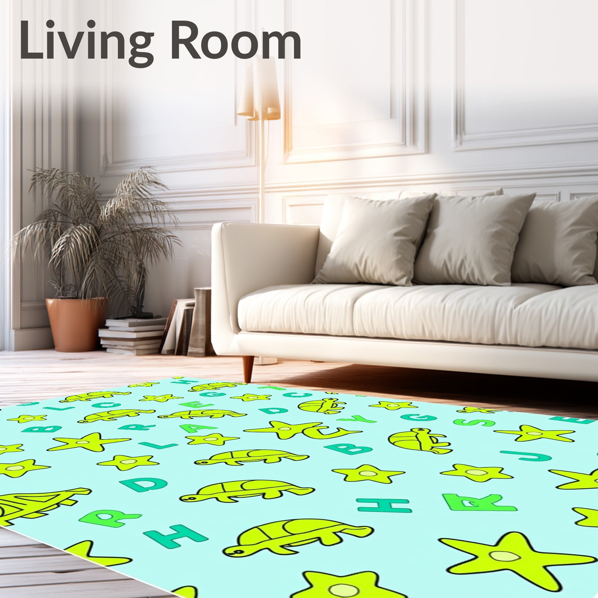 Lime Green Turtle Star Alphabet Collage Rug