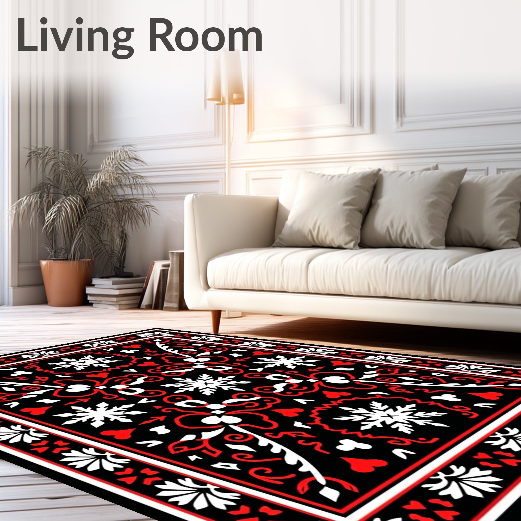 Bold Red Black Whimsical Snowflake Rug