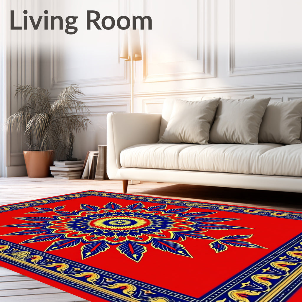 Bold Red and Blue Floral Medallion Rug