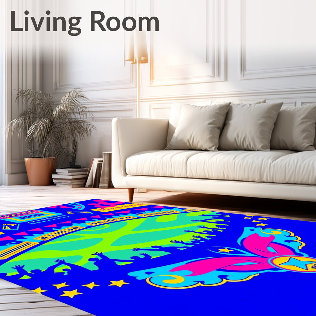 Vibrant Blue Psychedelic Crowd Celebration Rug