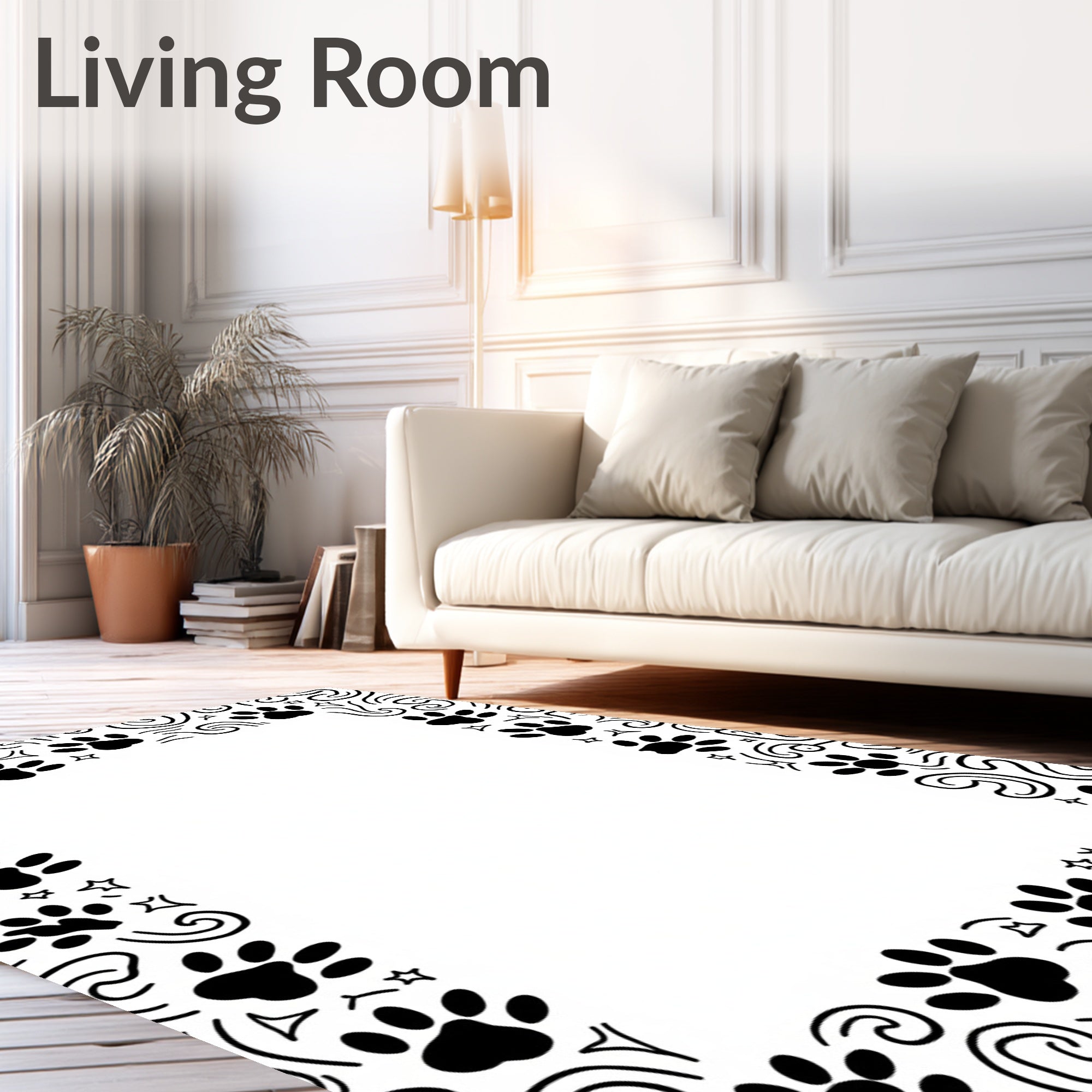 Black Paw Print Swirl Border Rug