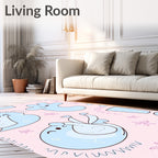 Pastel Blue Cartoon Creatures Pink Floral Rug