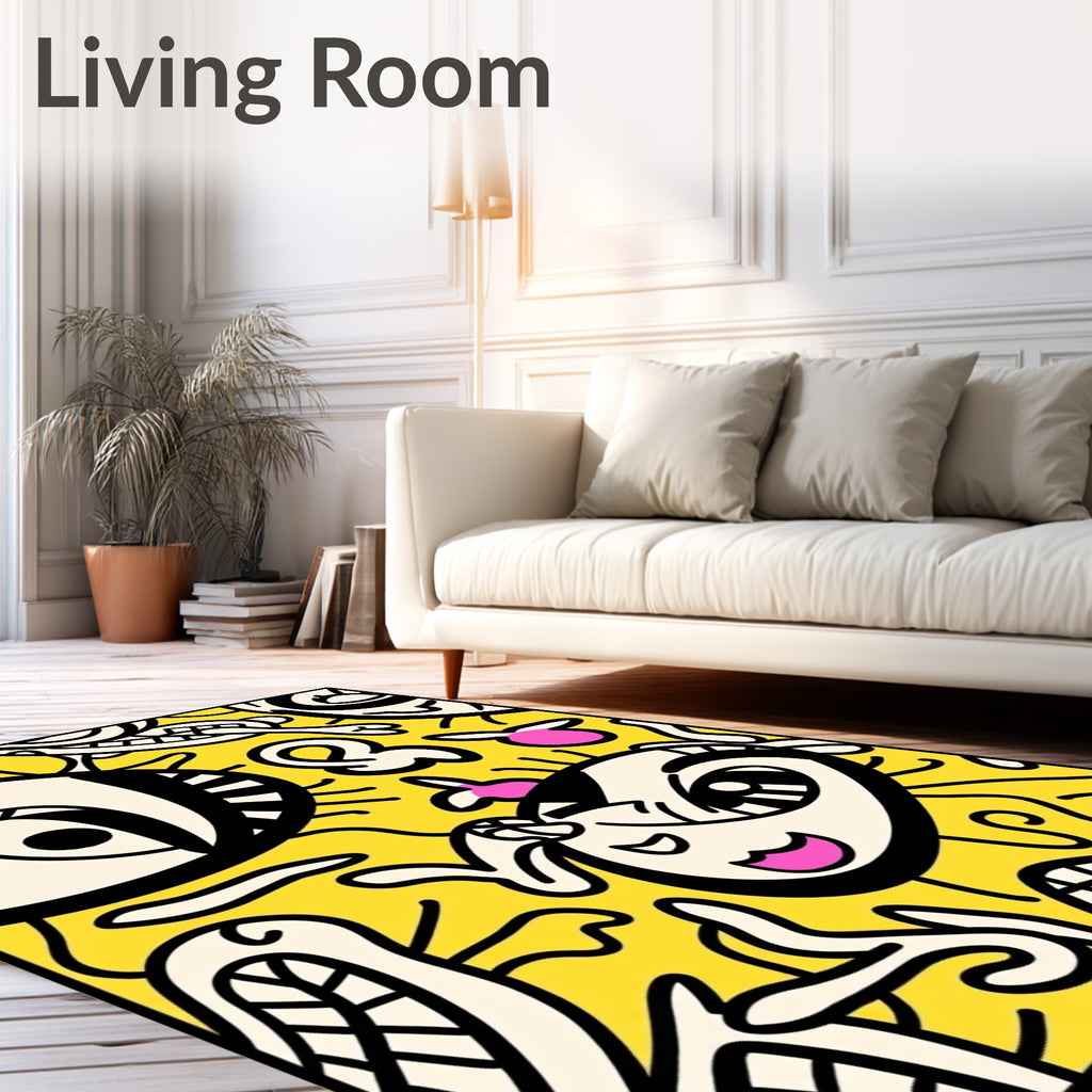 Whimsical Yellow Cartoon Character Assemblage Rug