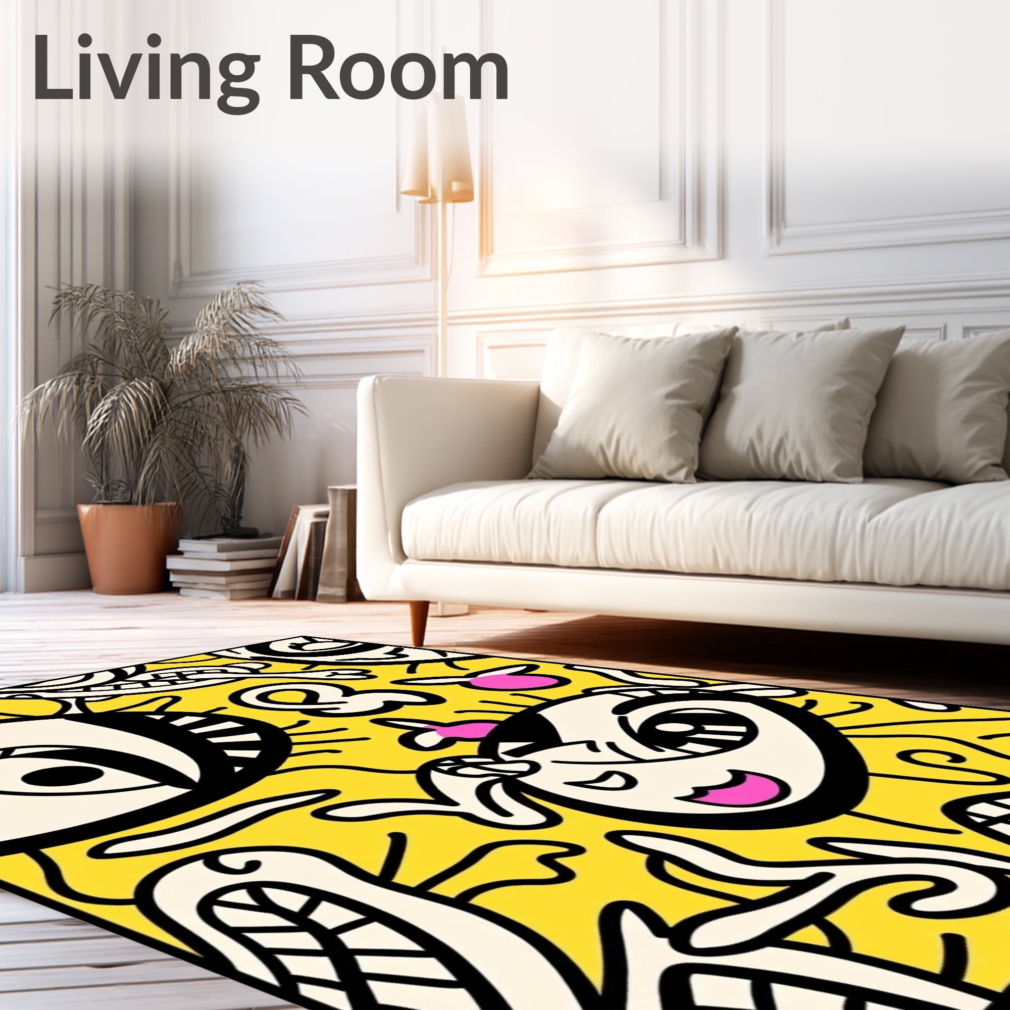 Whimsical Yellow Cartoon Character Assemblage Rug