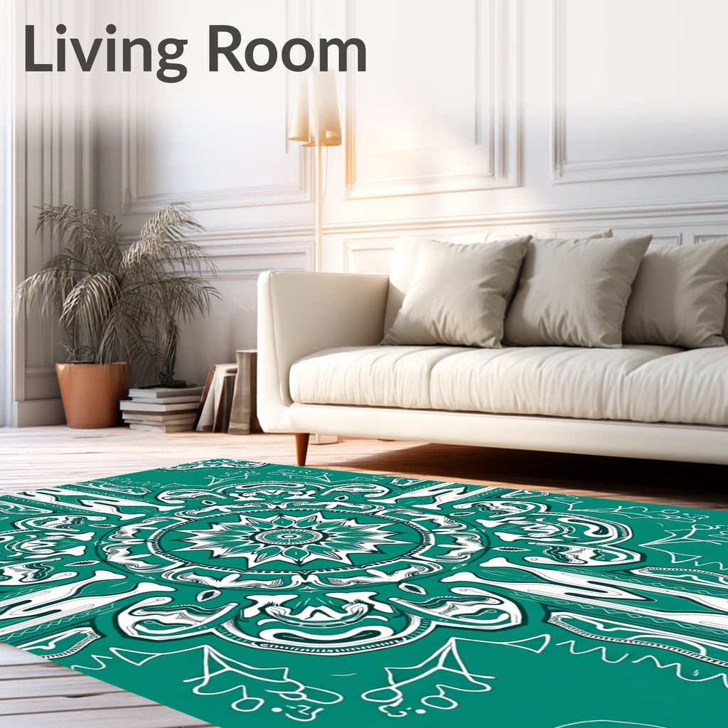 Teal White Floral Medallion Mandala Rug