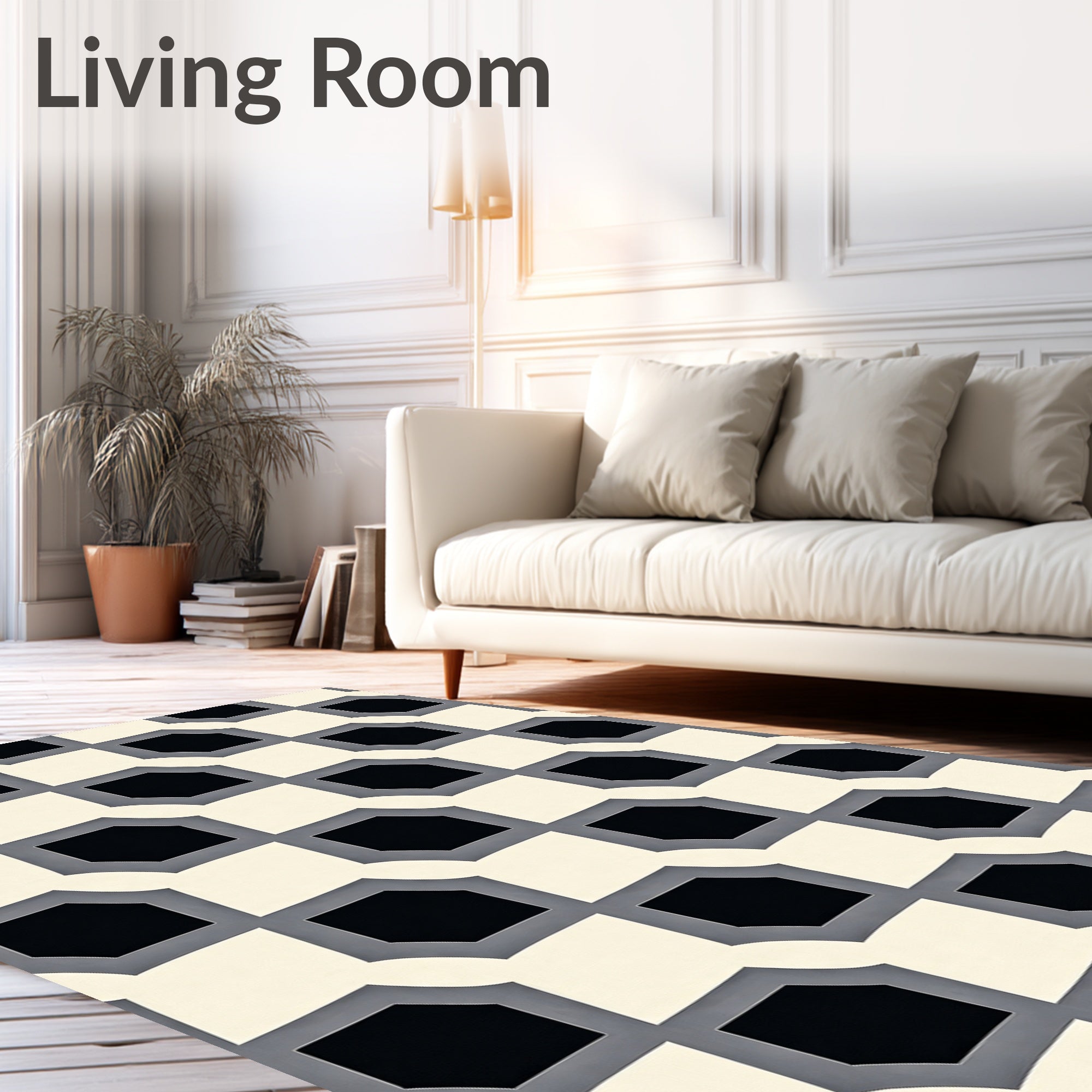 Modern Cream Black Octagon Grid Rug