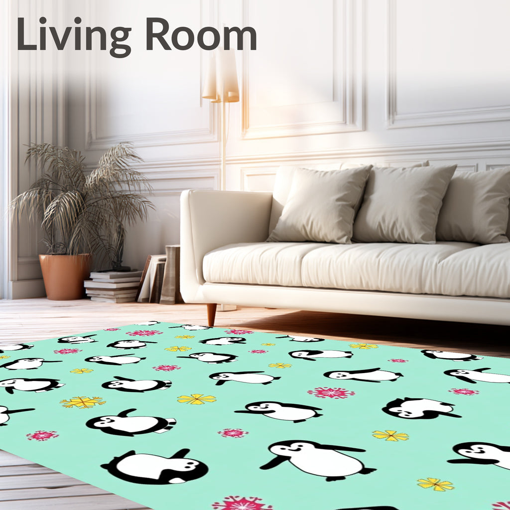 Playful Penguin Snowflakes Mint Green Rug
