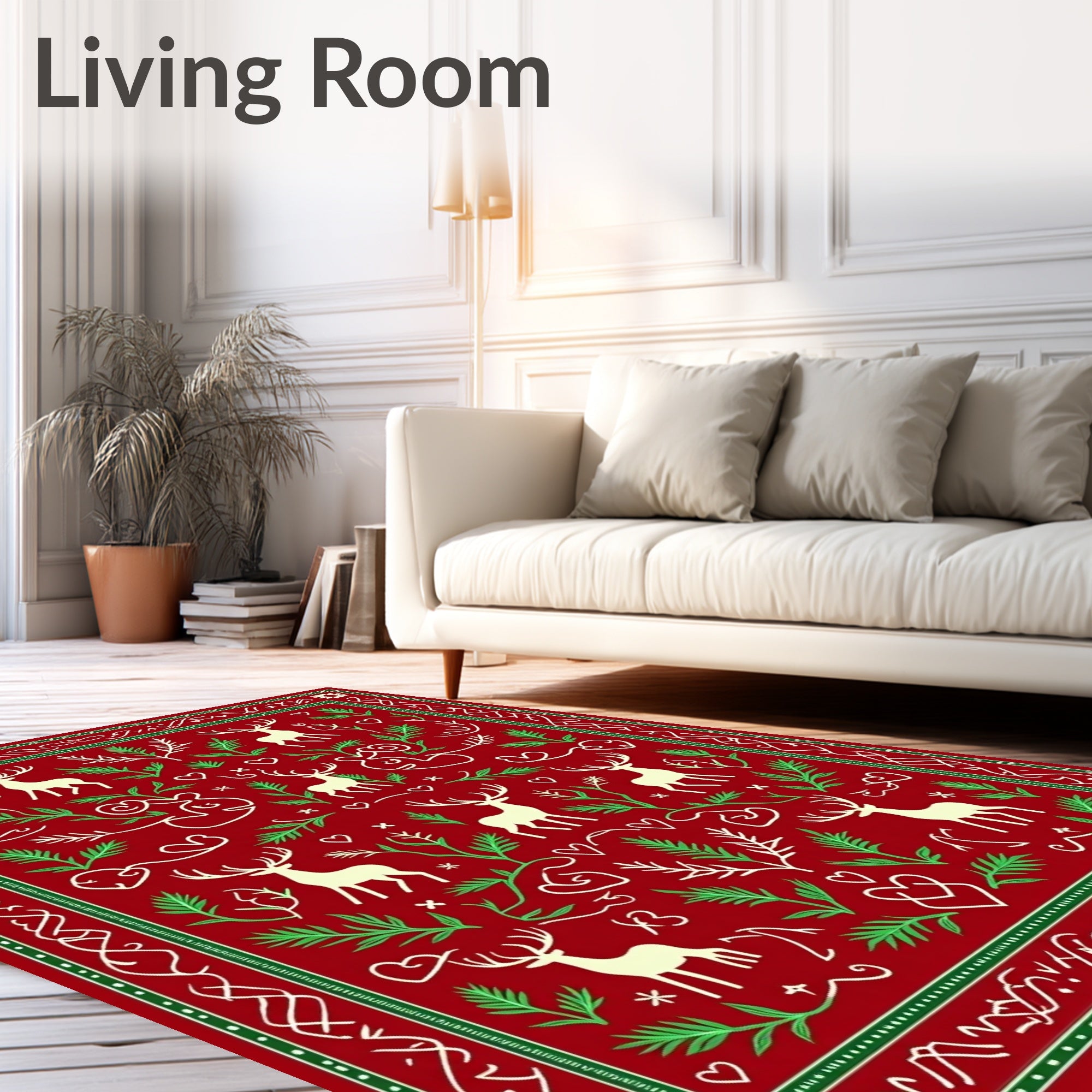 Crimson Red Deer and Foliage Art Rug