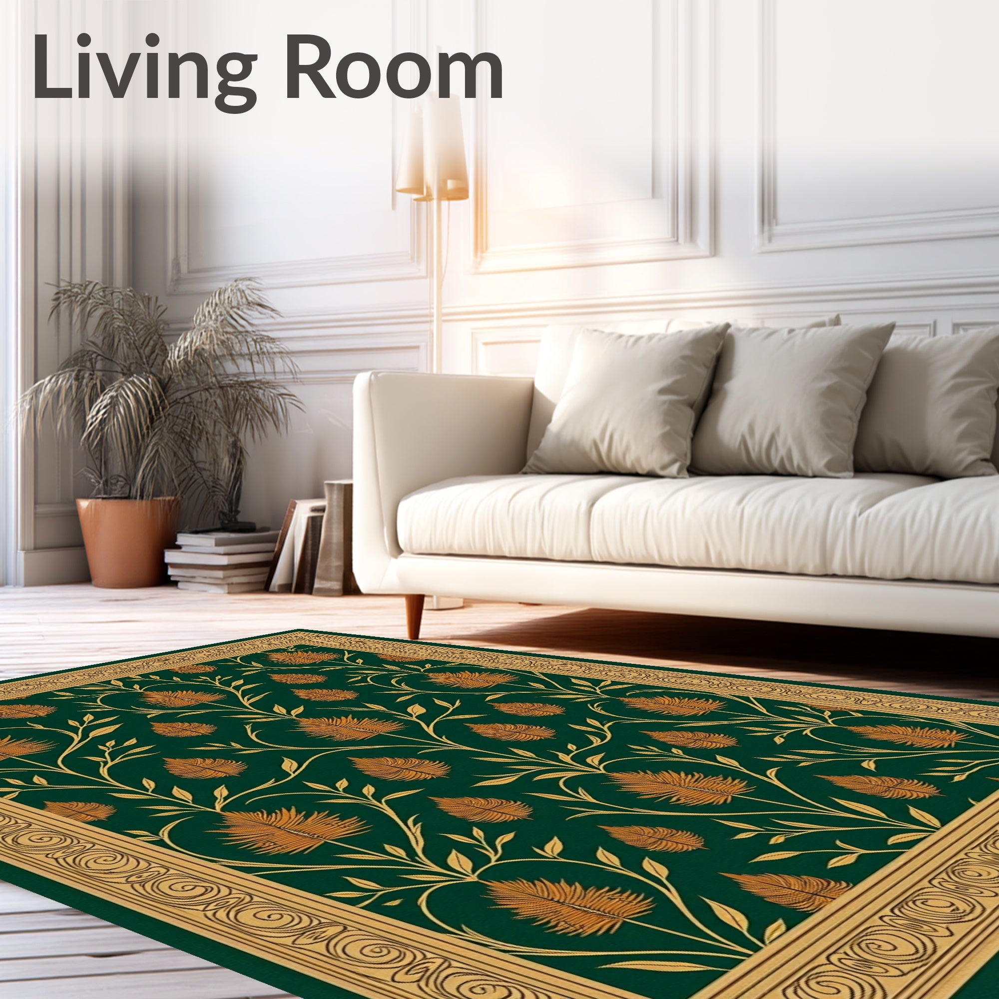 Emerald Green Gold Floral Vine Rug