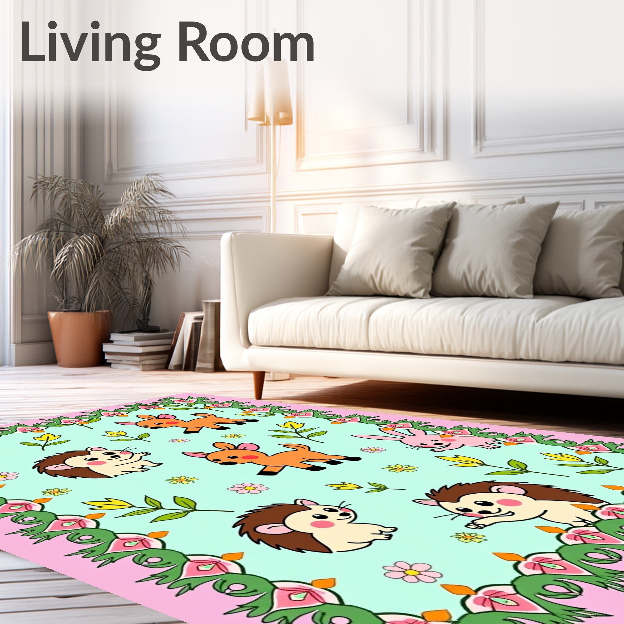Whimsical Woodland Creatures Floral Border Rug