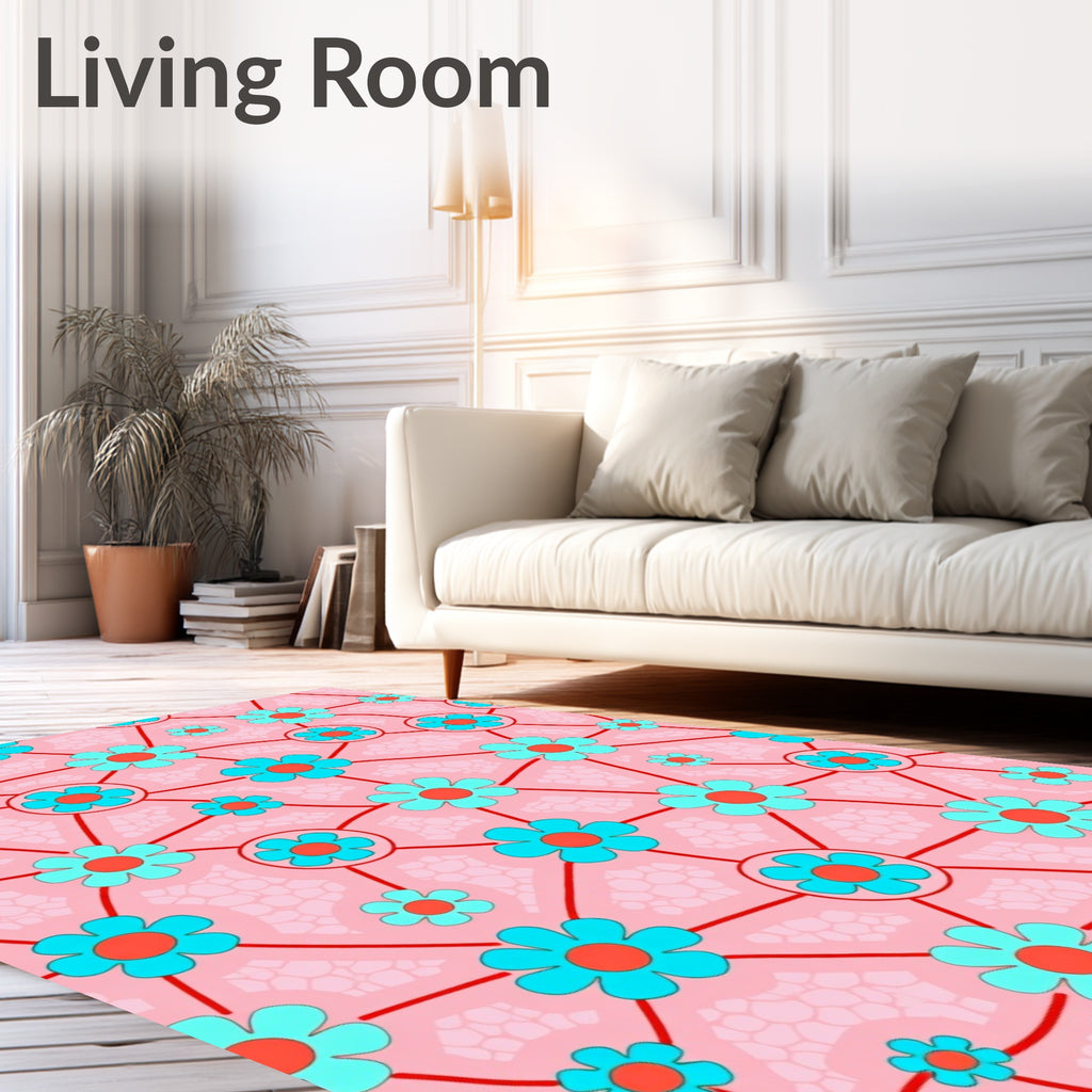 Retro Pink Teal Floral Network Rug