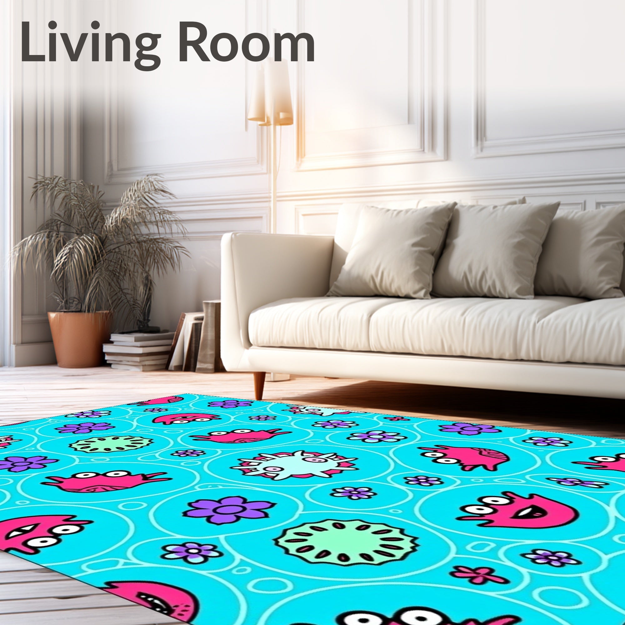 Whimsical Pink Blue Creature Floral Art Rug