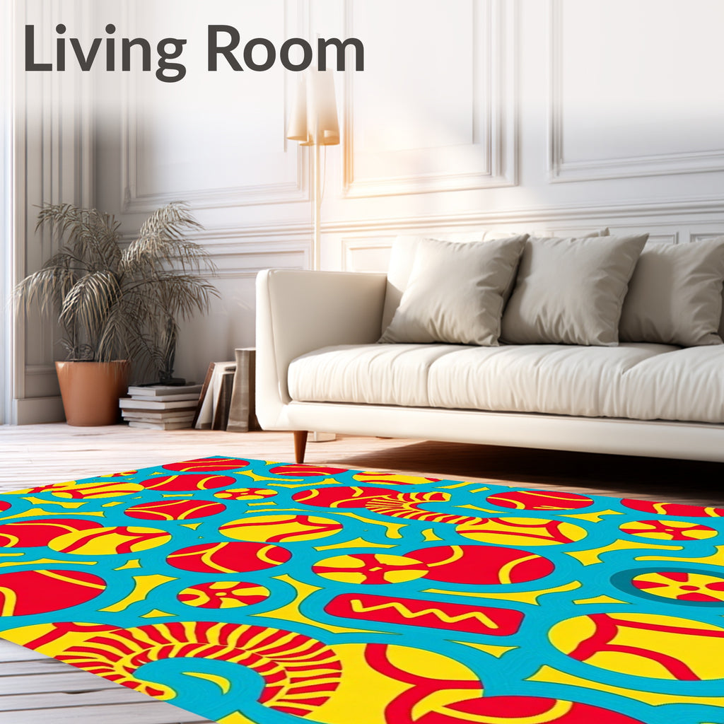 Retro Red Yellow Circles Teal Wave Rug