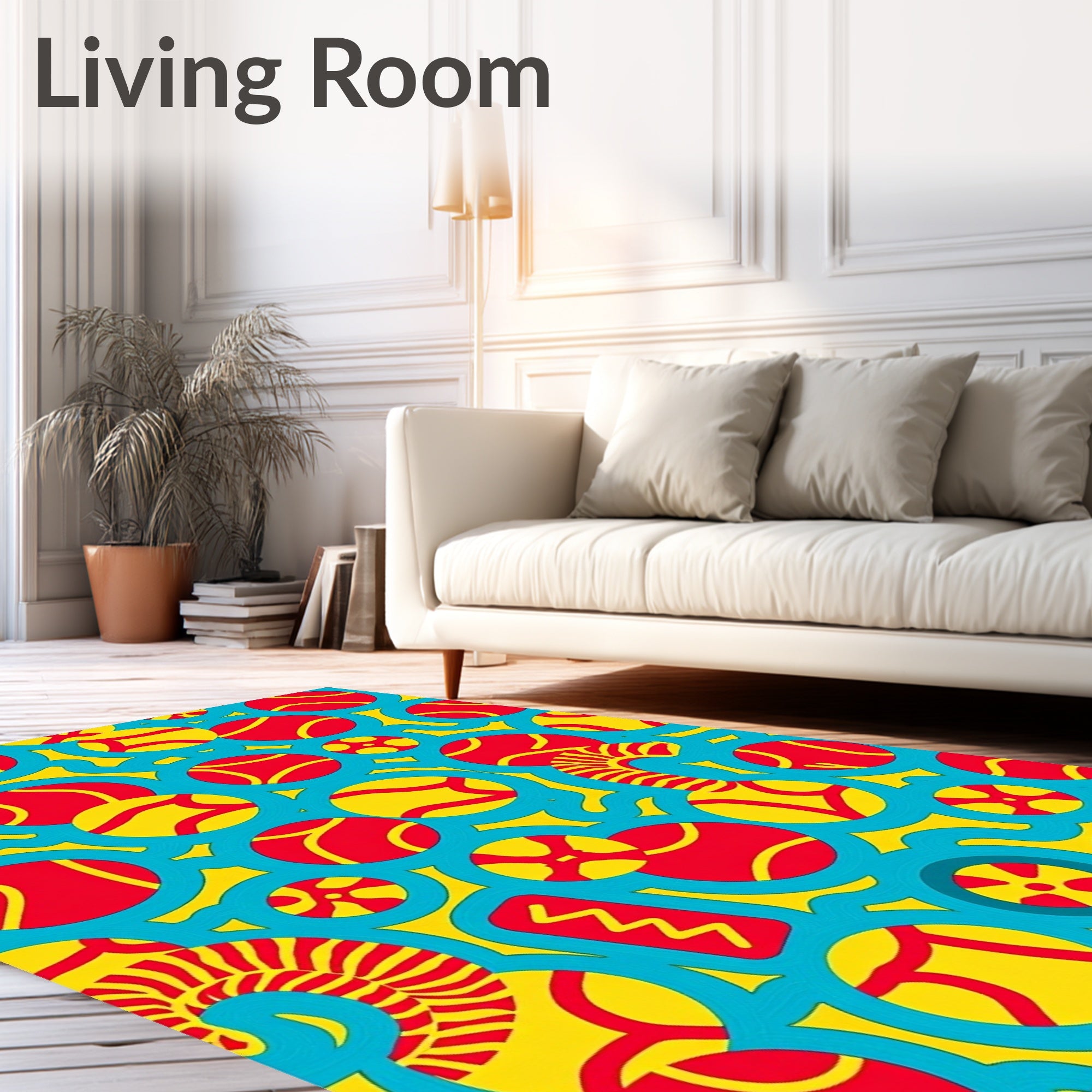 Retro Red Yellow Circles Teal Wave Rug