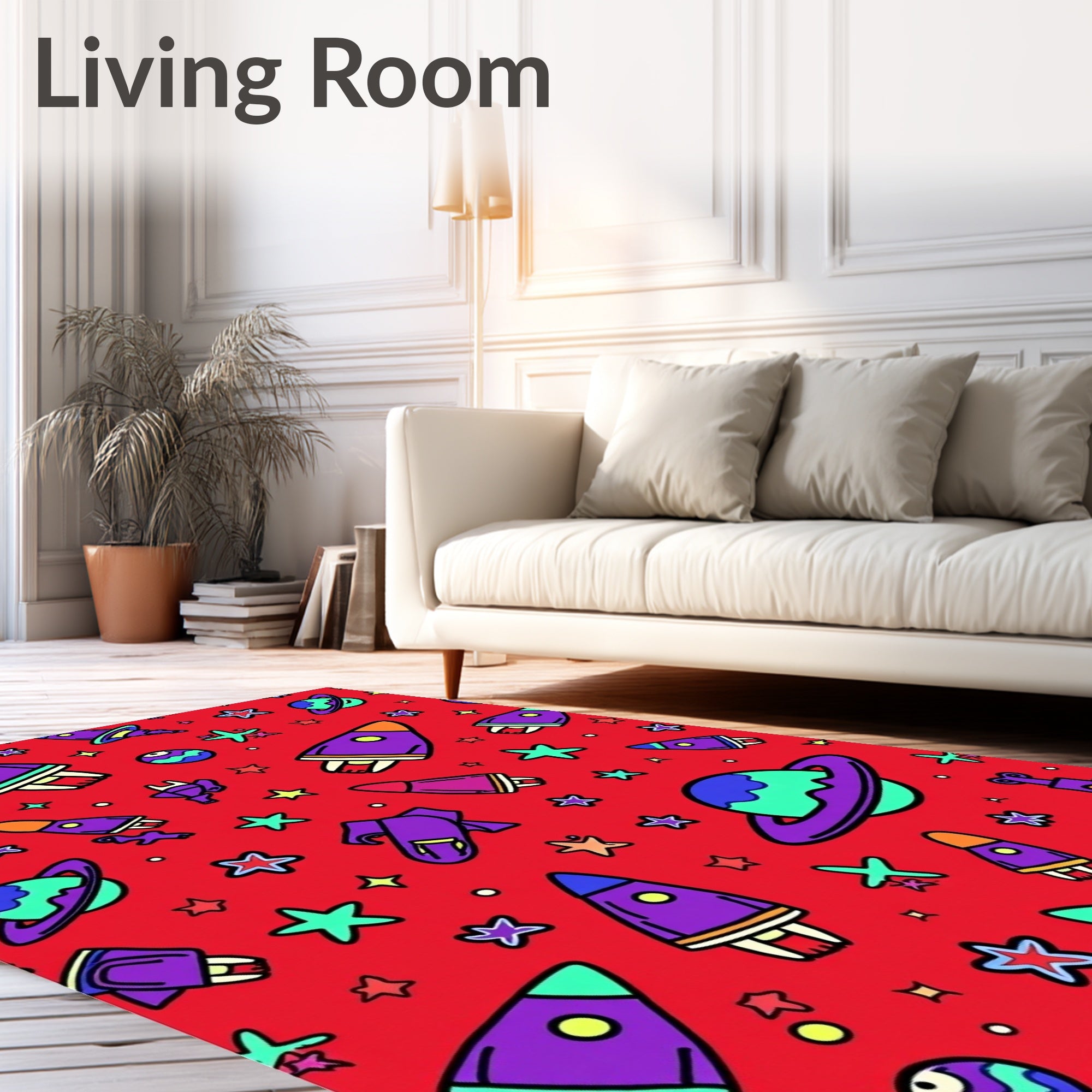 Retro Space Rocket Planet Star Party Rug