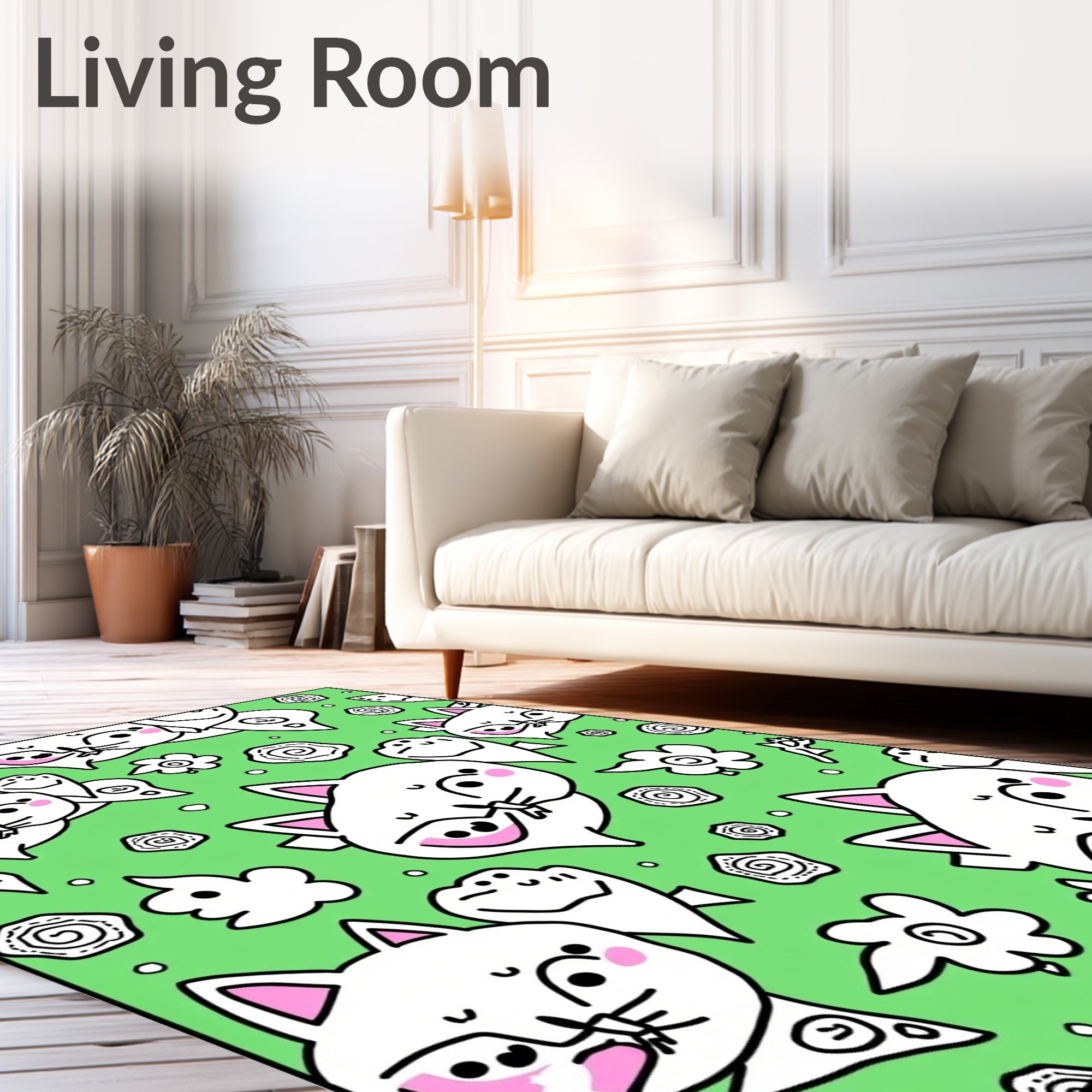 Whimsical White Cats Pink Accents Green Rug