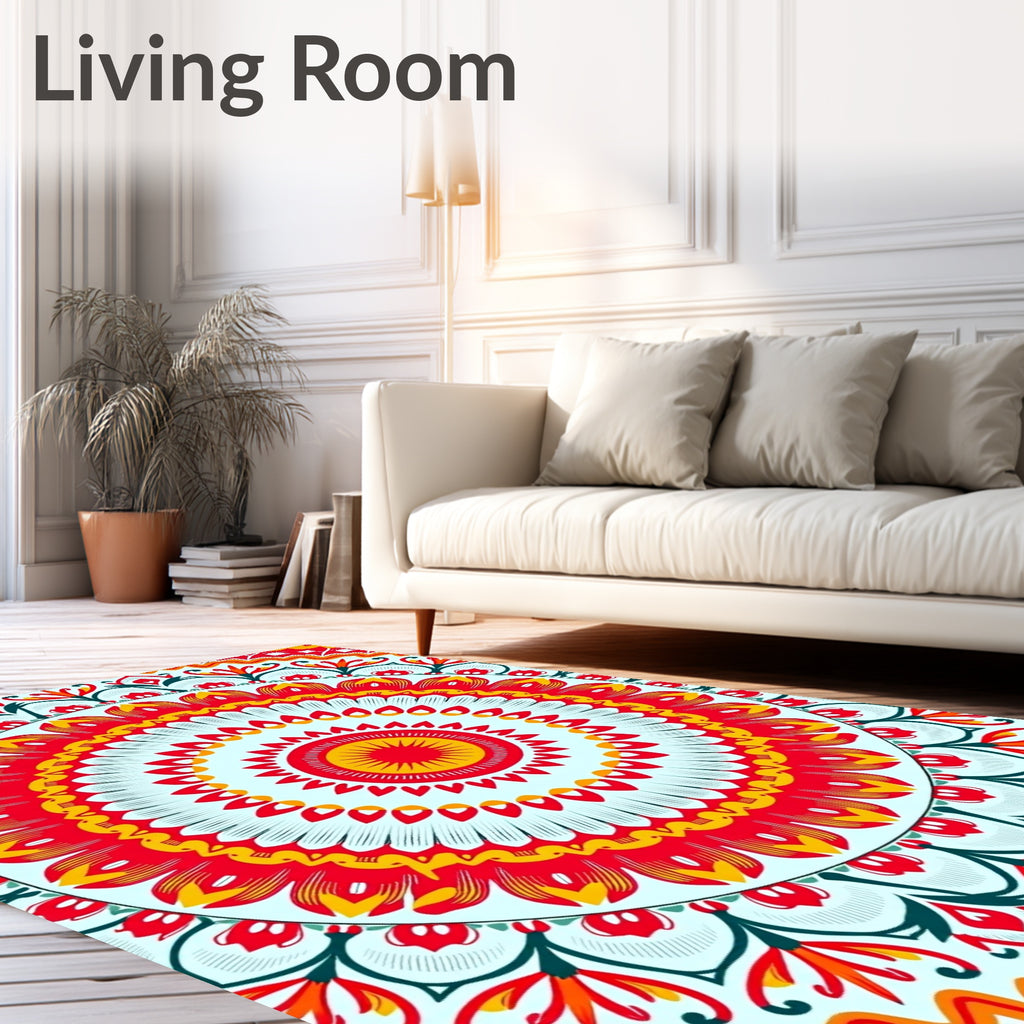 Vibrant Red Yellow Sunburst Mandala Rug