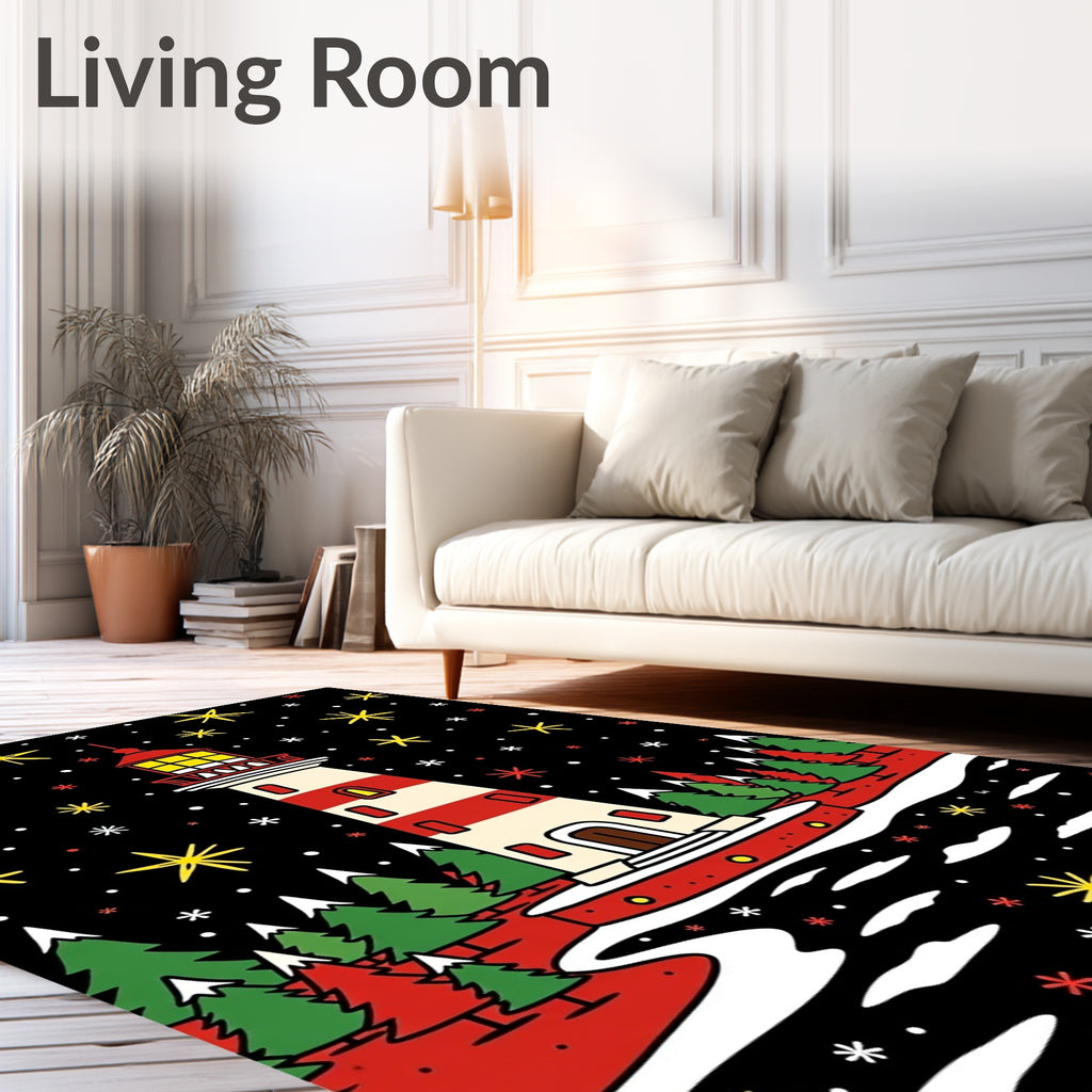 Festive Lighthouse Amidst Snowy Night Sky Rug