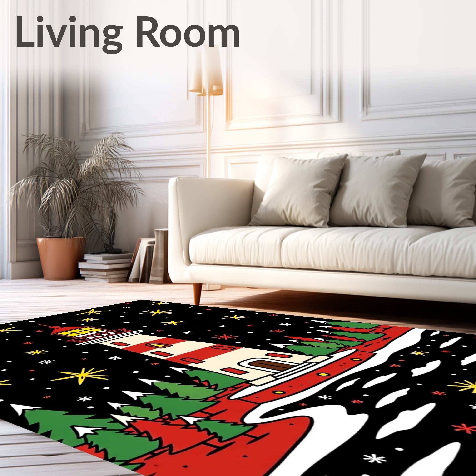 Festive Lighthouse Amidst Snowy Night Sky Rug