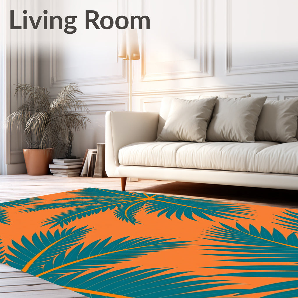 Teal Palm Frond Tropical Orange Rug