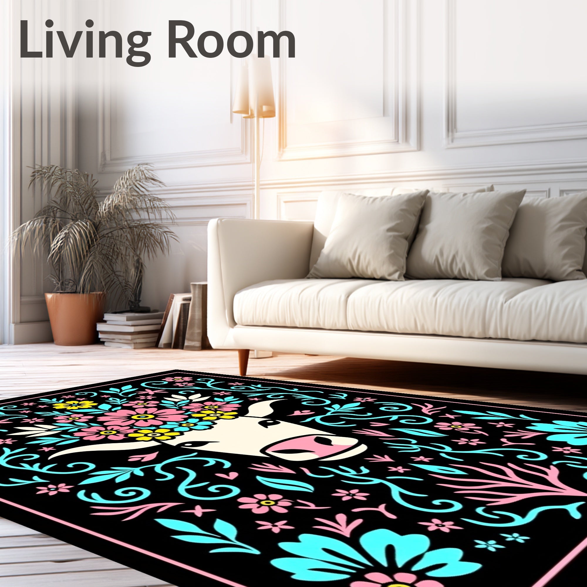 Whimsical Cow Floral Crown Black Rug