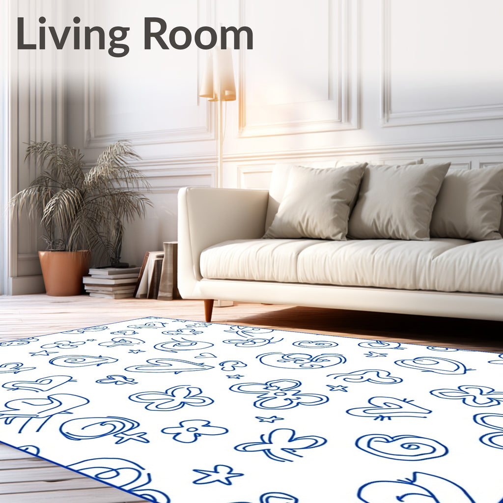Blue Outline Hearts and Flowers Scatter Rug