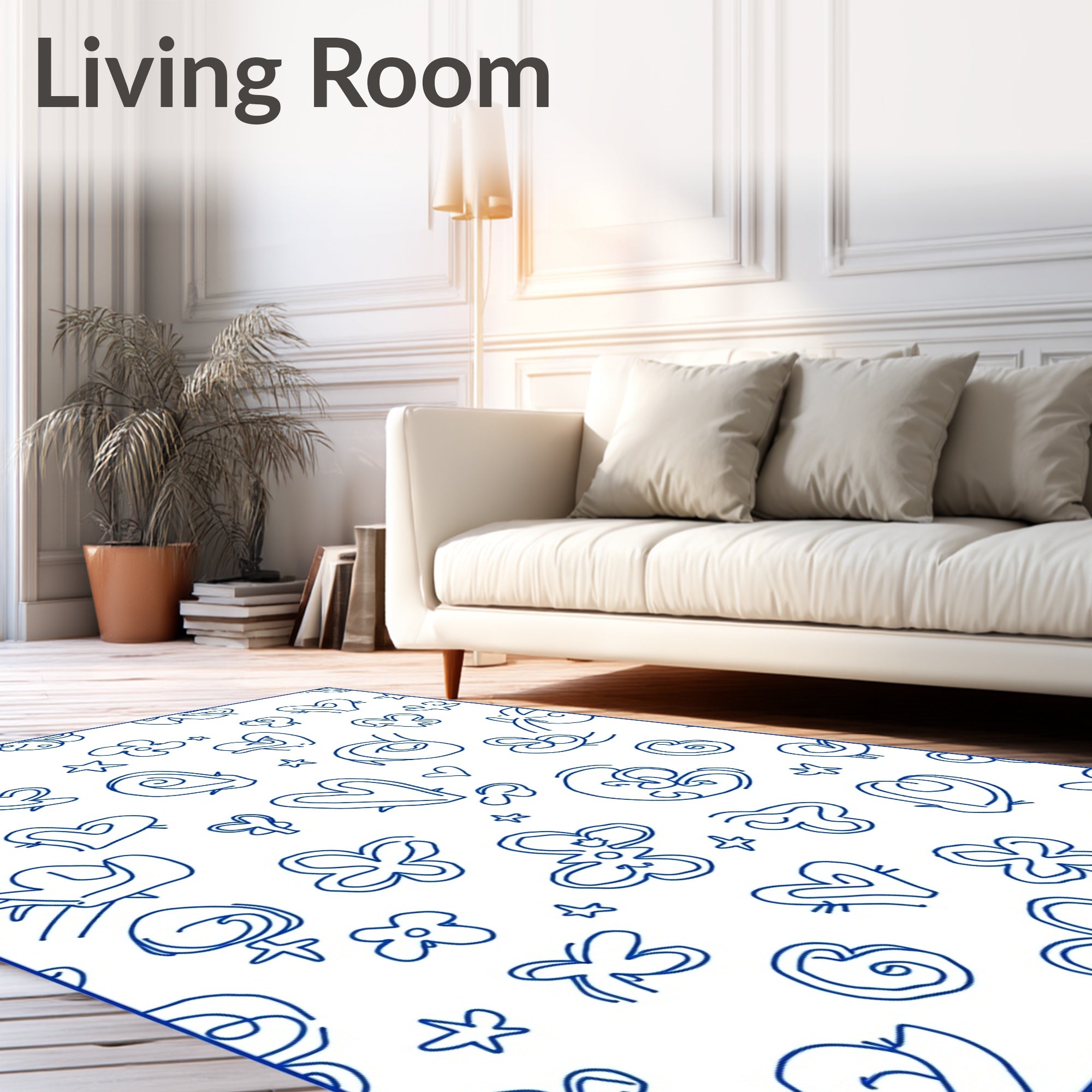 Blue Outline Hearts and Flowers Scatter Rug
