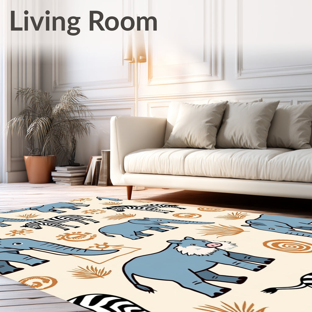 Blue Elephant Zebra Savannah Scene Rug