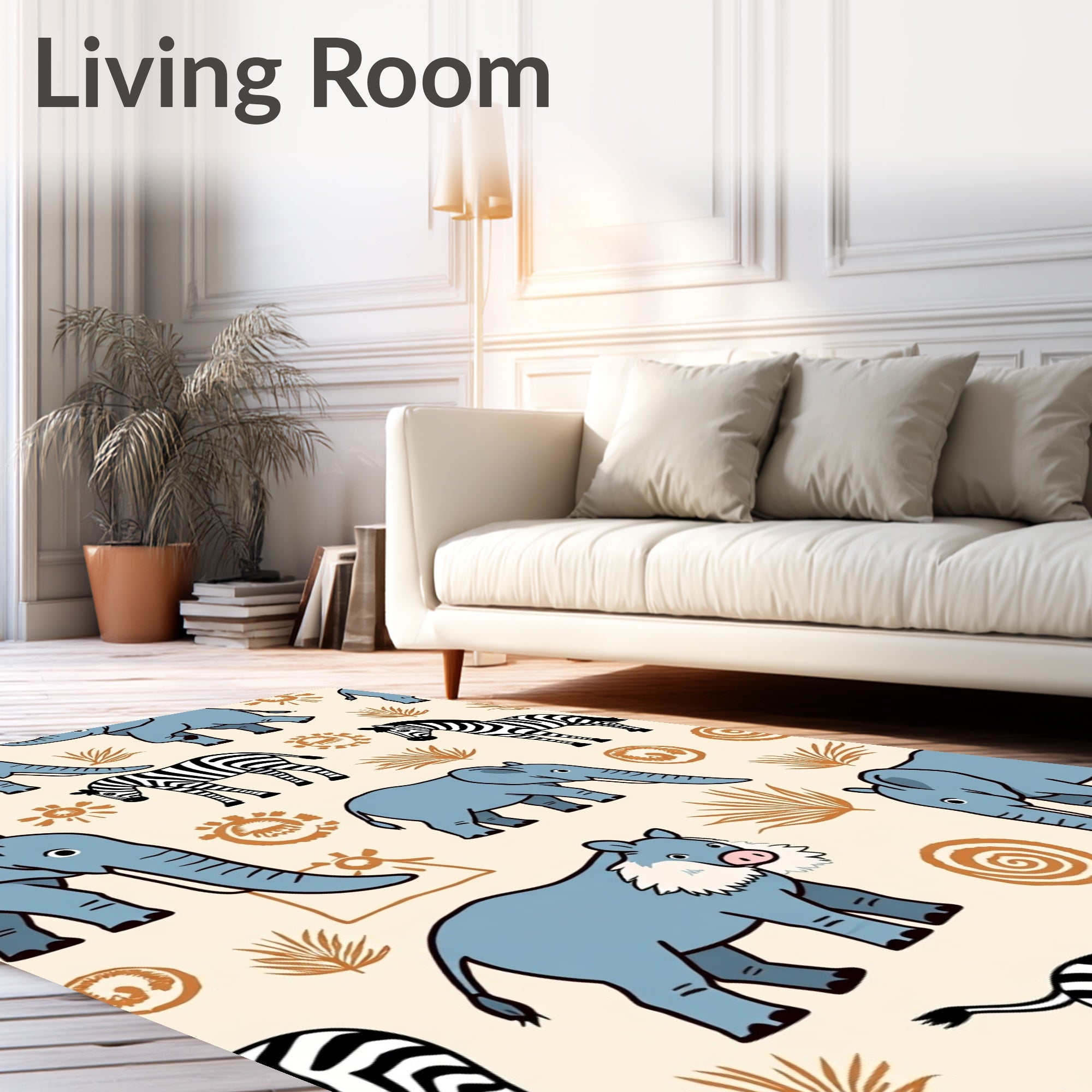Blue Elephant Zebra Savannah Scene Rug