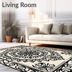 Cream Black Intricate Floral Medallion Rug