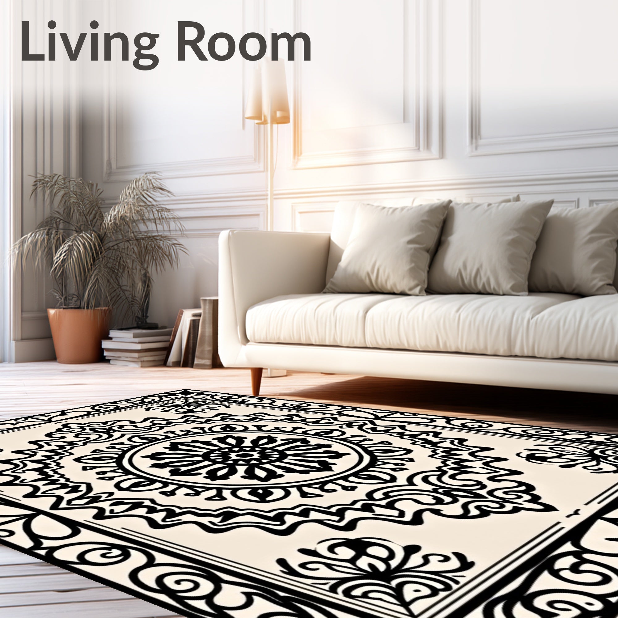 Cream Black Intricate Floral Medallion Rug
