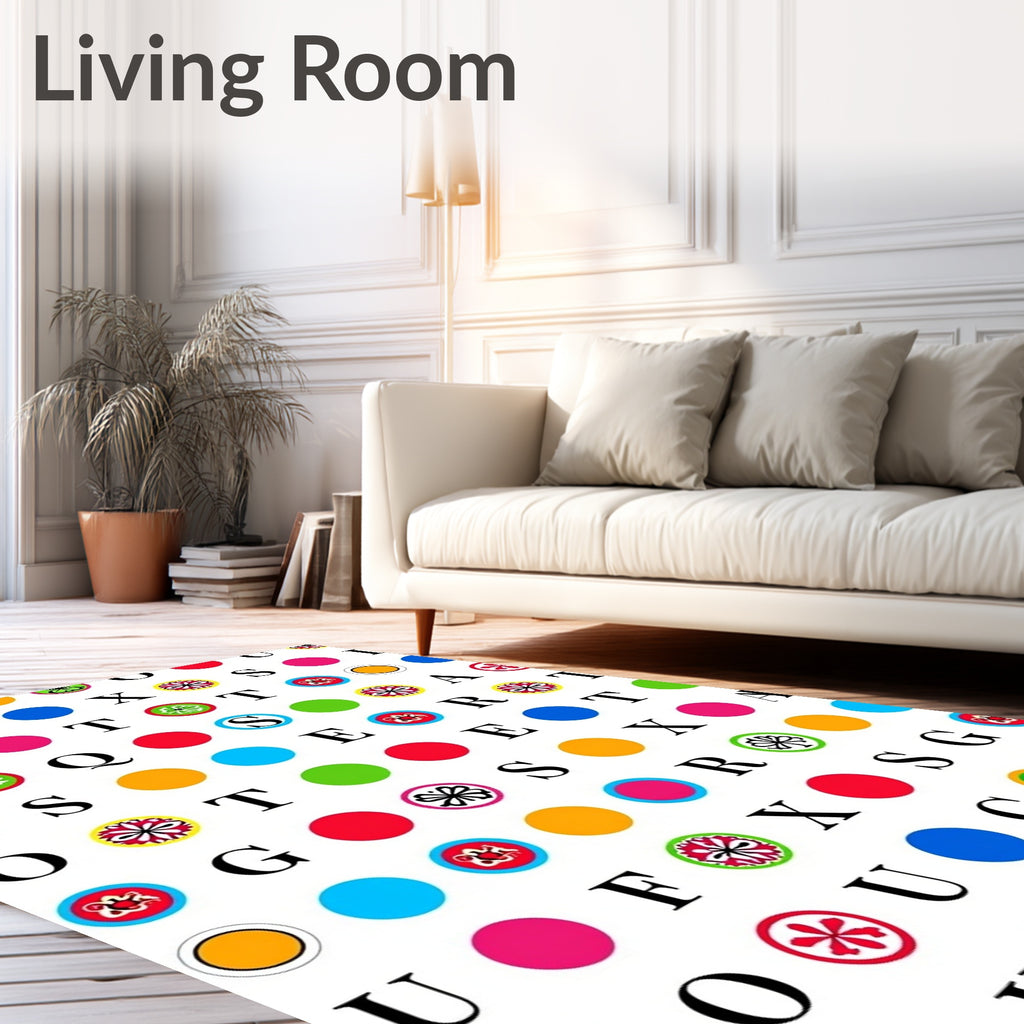 Colorful Circular Letter Graphics Rug