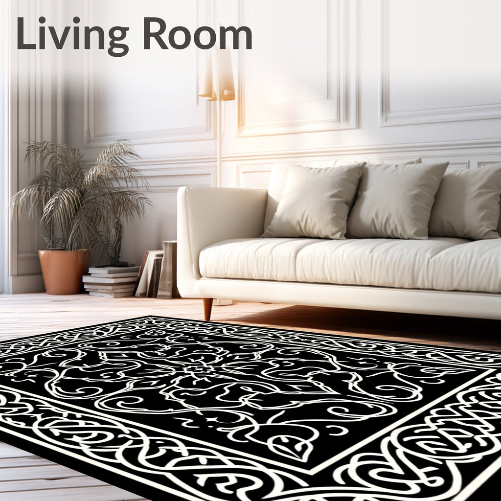Black White Intricate Swirl Scroll Border Rug