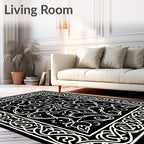 Black White Intricate Swirl Scroll Border Rug
