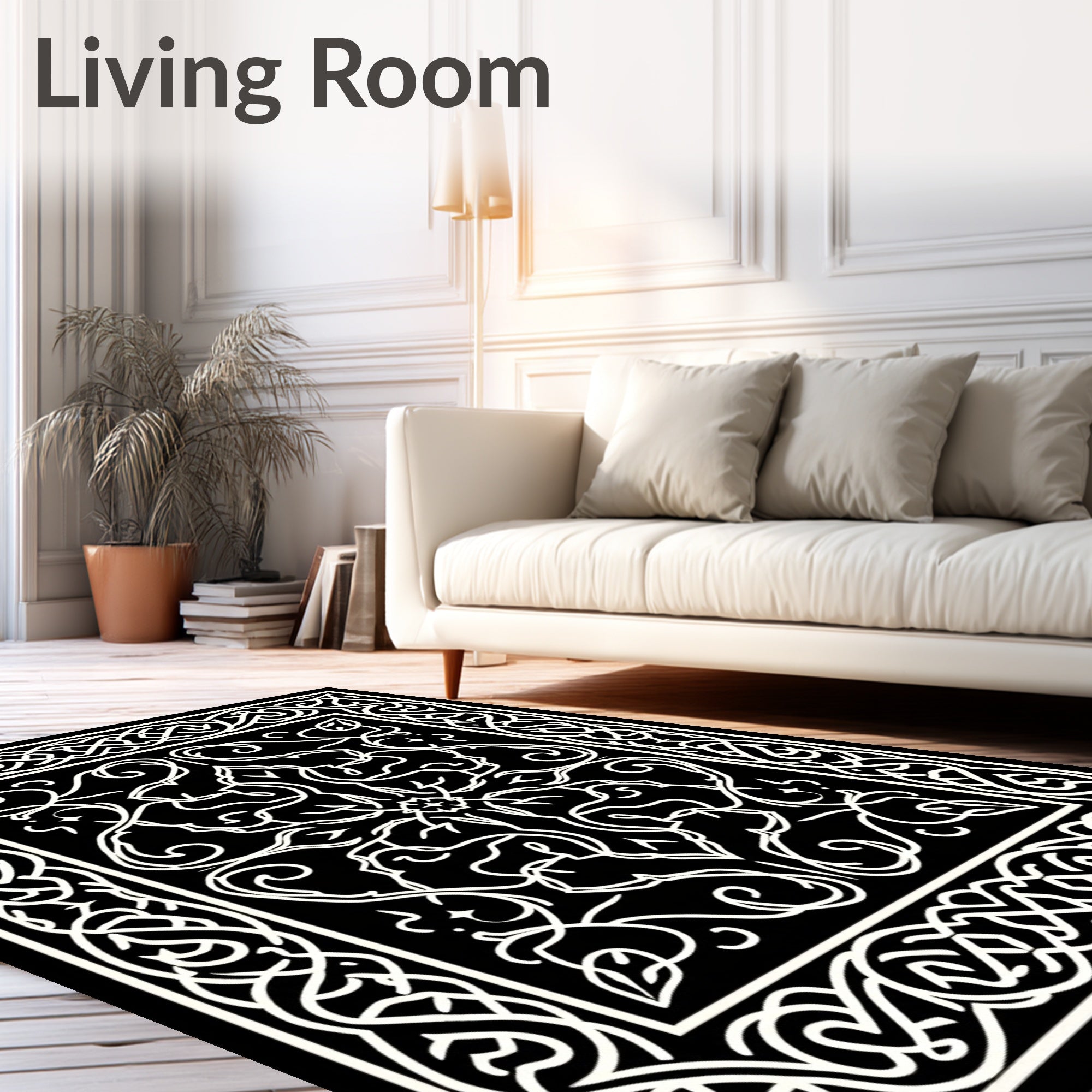 Black White Intricate Swirl Scroll Border Rug