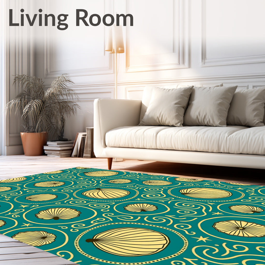 Teal Yellow Fan Medallion Swirl Rug