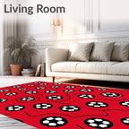 Vibrant Red Soccer Balls Scattered Rug