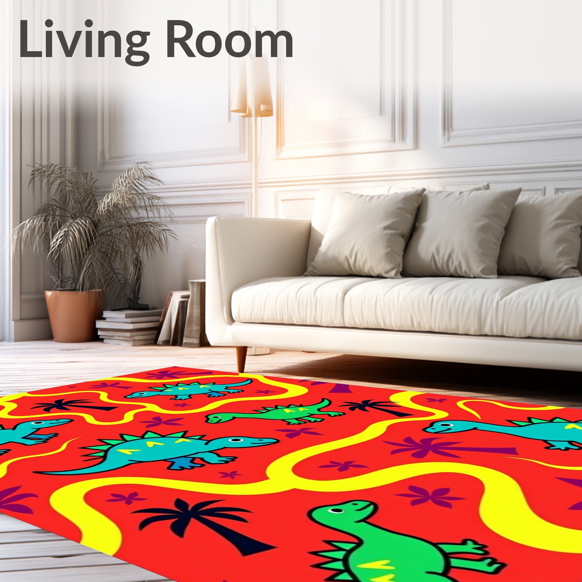 Playful Dinosaur Palm Tree Adventure Rug