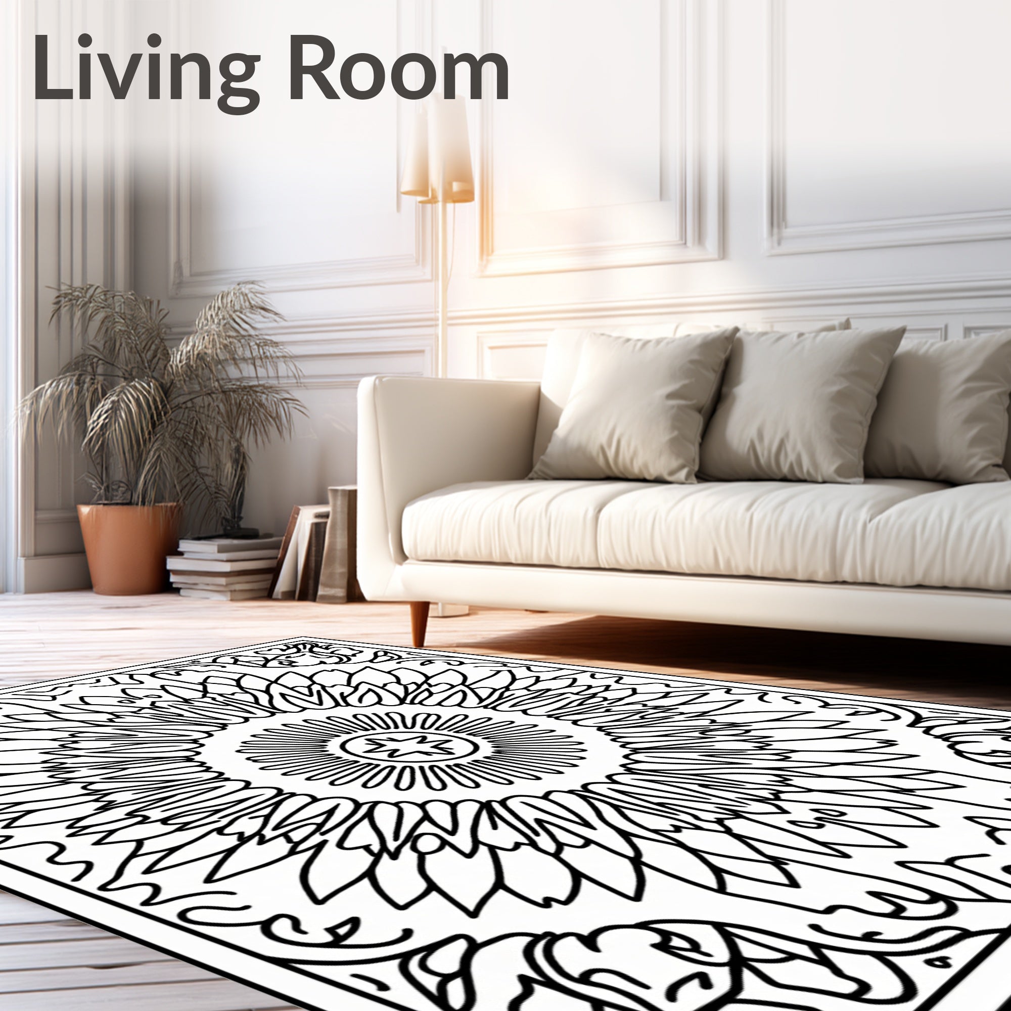 Bold Black Sunburst Mandala Frame Rug