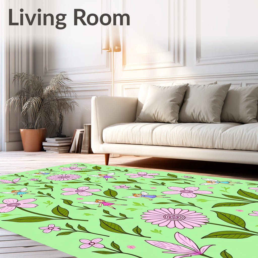 Whimsical Pink Fairy Floral Garden Print Rug