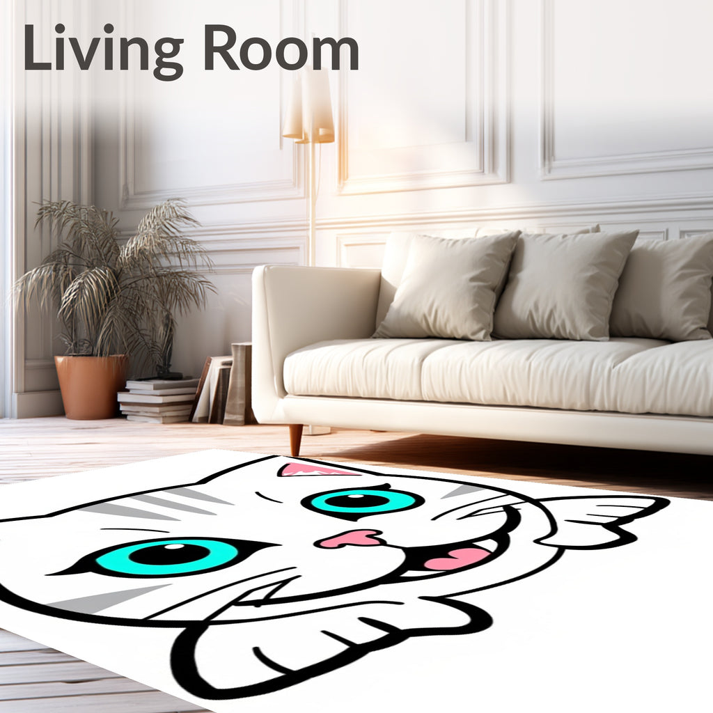 Cute White Cat Blue Eyes Teal Accent Rug