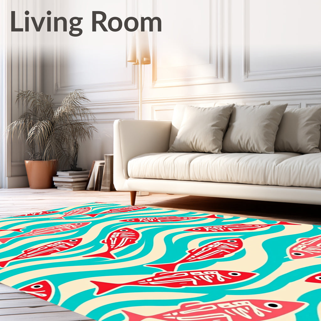 Red Fish Aqua Waves Rug